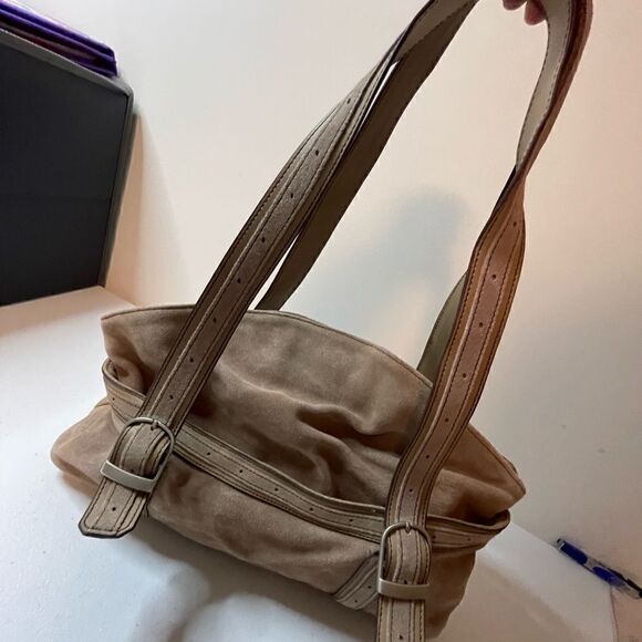 Longaberger Fold Over Hobo Handbag Purse Suede Leather Taupe Sisters - Picture 1 of 7